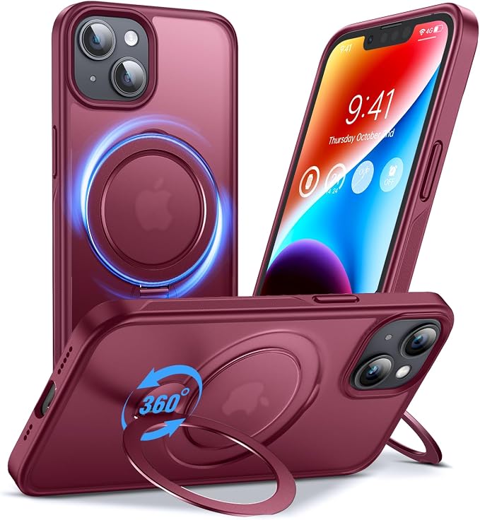 Anqrp 360° All-in-ONE Stand Case for iPhone 14/13 Case with Rotatable Magnetic Kickstand Ring Holder, Compatible with Mag-Safe, MIL-Grade Shockproof iPhone 14/13 Phone Case Cover, Red