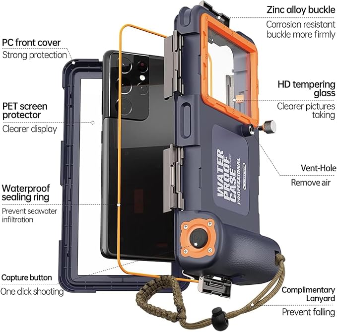 Underwater Snorkeling Diving Phone Case, Universal Waterproof Phone Case for iPhone 17/16/15/14/13/12/11Pro Max/XR/XS/X for Samsung Galaxy S24/S23/S22/S21,Scuba Underwater Photo Video Housing(Orange)