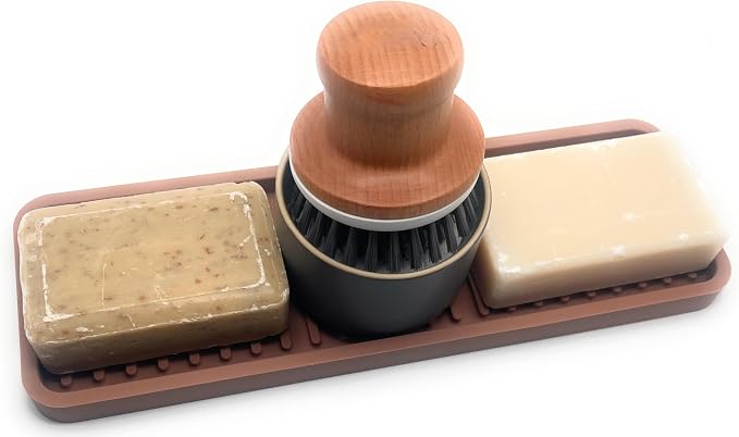 Happitasa Silicone Kitchen Sink Organizer Tray, Sponge Holder and Countertop Protector | Bathroom and Kitchen Soap Dish and Dispenser Tray (Mocha, 12"x4", 9.2 Ounces)