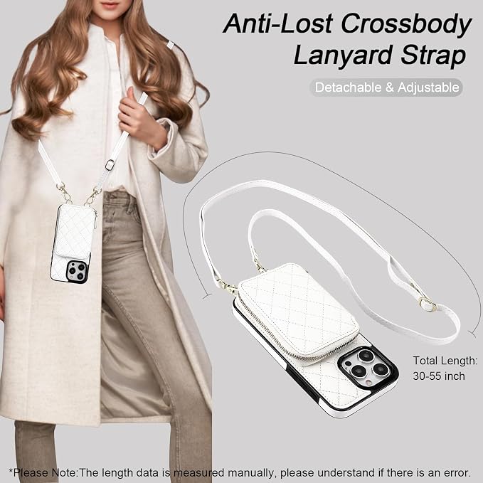 Bocasal Crossbody Wallet Case for iPhone 15 Pro Max, RFID Blocking PU Leather Zipper Handbag Purse Flip Cover, Kickstand Folio Case with Card Slots Holder Wrist Strap Lanyard 5G 6.7 Inch (White)