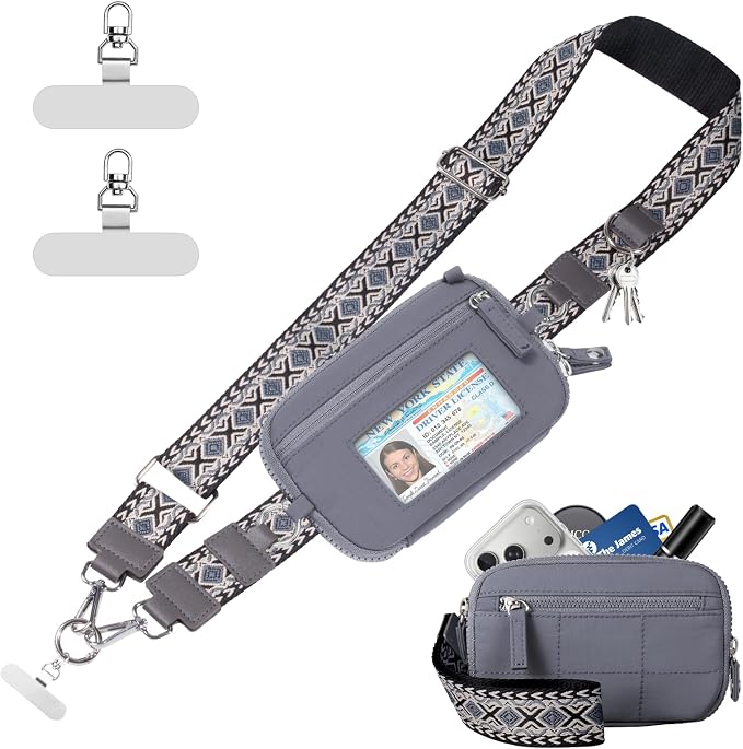 Tiostep Clip and Go Strap for Phone with Wallet Crossbody Phone Lanyard with Anti-Theft Zipper Pouch Detachable Quilted Wrist Wallet with RFID and ID Window for Daily Travel. Grey