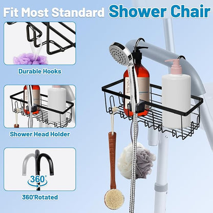 2-In-1hanging shower chair caddy : Holder Organizer Rustproof Shower Chair Accessories for tub bath room with arms chair storage basket shelf fit Seniors Elderly Disabled Patient Pregnant (Black)