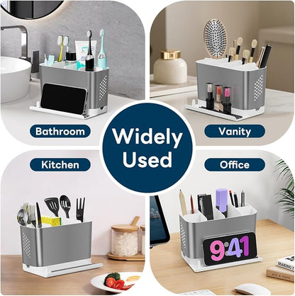 Bathroom Countertop Organizer with Front Ledge for Phone, Detachable Kids Toothbrush Holders with Cord Slots and Ring Holder, 6 Slots Toothbrush Toothpaste Holder with Drainage for Family