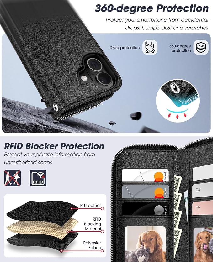 OCASE for iPhone 17 Crossbody Detachable Wallet Case, PU Leather Handbag Phone Purse with Zipper Closure, Card Slots & RFID Blocking, Wrist Strap, Lanyard, Kickstand, Diamond Check Black