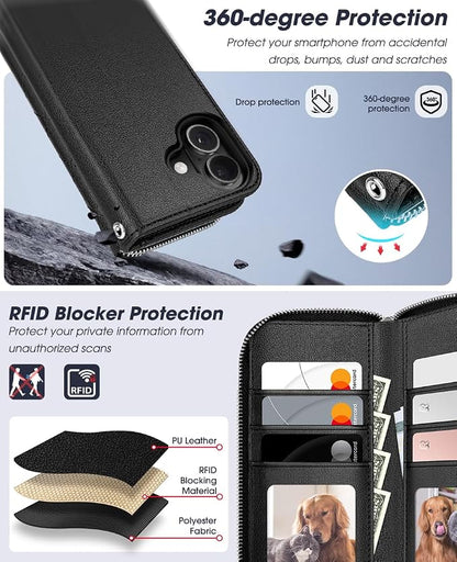 OCASE for iPhone 17 Crossbody Detachable Wallet Case, PU Leather Handbag Phone Purse with Zipper Closure, Card Slots & RFID Blocking, Wrist Strap, Lanyard, Kickstand, Diamond Check Black