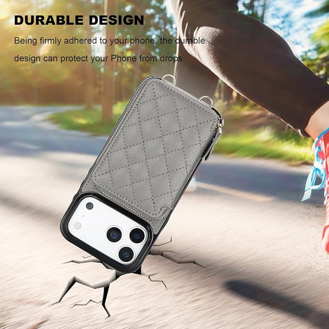 Bocasal Crossbody Wallet Case for iPhone 17 Pro Max, RFID Blocking PU Leather Zipper Handbag Purse Flip Cover, Kickstand Folio Case with Card Slots Holder Wrist Strap Lanyard 5G 6.9 Inch (Grey)