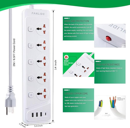 FANLIDE Universal Power Strip with USB C, 5 Outlets 3 USB and 1 USB C Ports, 6.5ft Power Cord Circuit Breaker