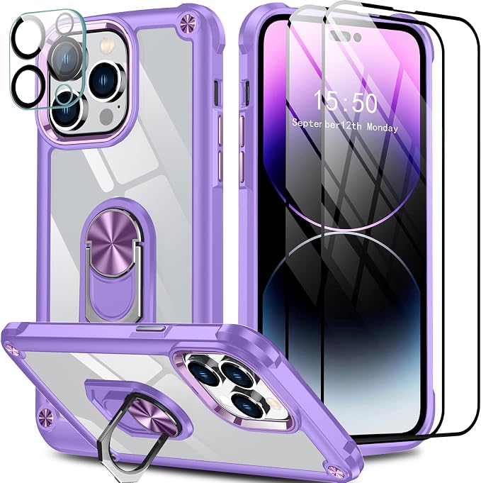 GOLDJU 4 in 1 for iPhone 14 Pro Max Case, Heavy Duty Protective Case with [360°Rotatable Magnetic Stand]& [2P 9H Tempered Glass Screen Protector]& [1P Camera Lens] Clear Hard Back 6.7’’ 2022(Violet)