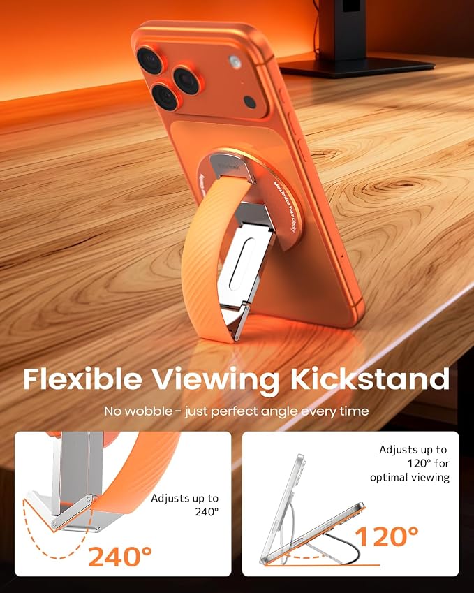 2026 Klearlook for MagSafe Phone Grip with Silicone Finger Strap, Removable Magnetic Phone Ring Holder with Adjustable Kickstand, Finger Phone Ring Grip for iPhone 17/16/15/14/13/12 Series, Orange