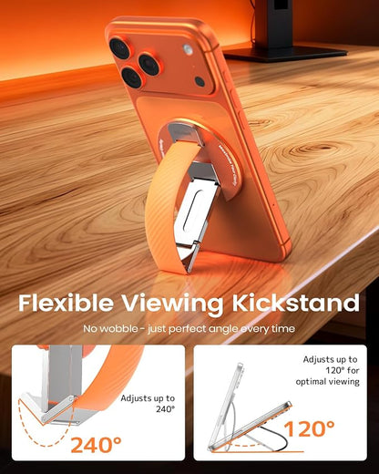 2026 Klearlook for MagSafe Phone Grip with Silicone Finger Strap, Removable Magnetic Phone Ring Holder with Adjustable Kickstand, Finger Phone Ring Grip for iPhone 17/16/15/14/13/12 Series, Orange