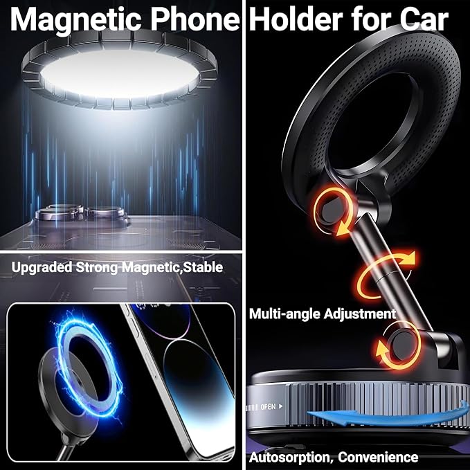 Magnetic Phone Holder for Car - Suction Cup Phone Mount for Magsafe, Universal 360° Dashboard Phone Holder Vacuum Cell Phone Holders for Your Car/Gym/Mirror Car Mount for iPhone & Android