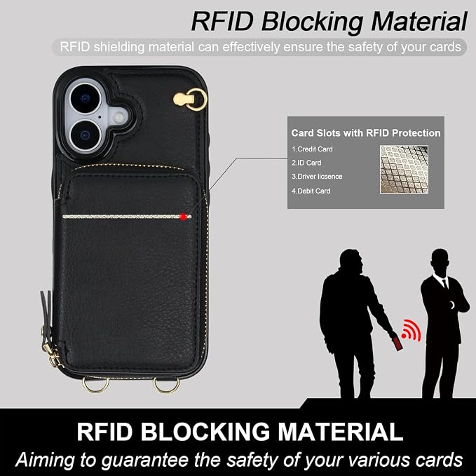 Bocasal Crossbody Wallet Case for iPhone 17, RFID Blocking Leather Purse Case with Card Holder, Protective Handbag Flip Cover with Zipper Wrist Strap Lanyard for Women 5G 6.3 Inch (Black)
