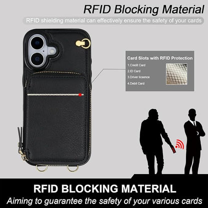 Bocasal Crossbody Wallet Case for iPhone 17, RFID Blocking Leather Purse Case with Card Holder, Protective Handbag Flip Cover with Zipper Wrist Strap Lanyard for Women 5G 6.3 Inch (Black)