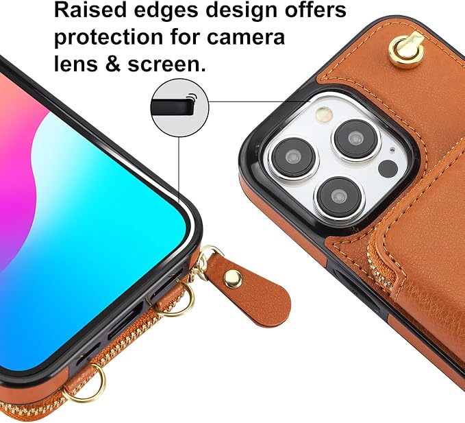 Bocasal Crossbody Wallet Case for iPhone 15 Pro Max, RFID Blocking Leather Purse Case with Card Holder, Protective Handbag Flip Cover with Zipper Wrist Strap Lanyard for Women 5G 6.7 Inch (Brown)