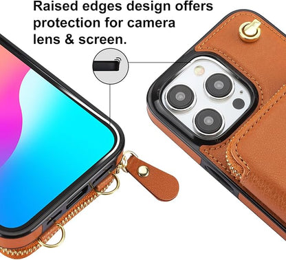 Bocasal Crossbody Wallet Case for iPhone 15 Pro Max, RFID Blocking Leather Purse Case with Card Holder, Protective Handbag Flip Cover with Zipper Wrist Strap Lanyard for Women 5G 6.7 Inch (Brown)