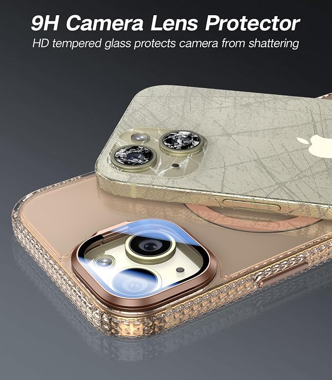 [Upgraded] for iPhone 15 Case with Camera Cover Stand [Fit for MagSafe][9H Camera Lens Protector] Mil-Grade Protection Transparent Magnetic iPhone 15 Phone Case, Clear Gold