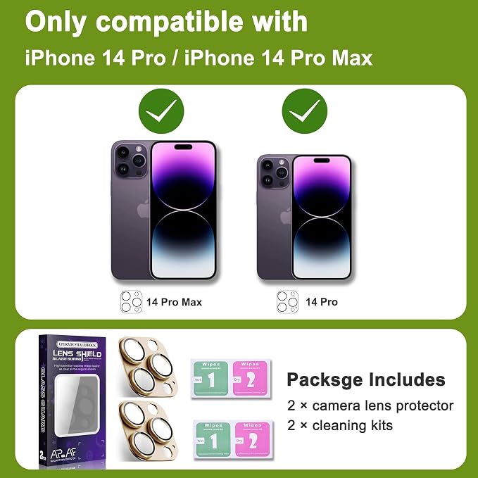 2-Pack Shatterproof Camera Lens Protector for iPhone 14 Pro/14 Pro Max |AR Tempered Glass Strong Adsorption Metal Camera Cover Screen(Gold)