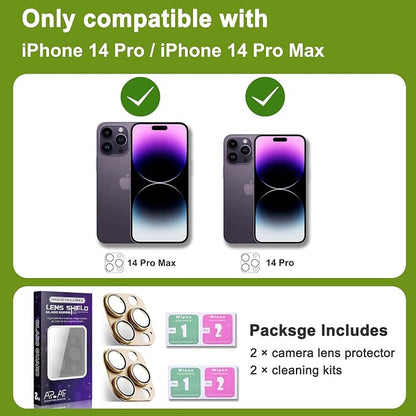 2-Pack Shatterproof Camera Lens Protector for iPhone 14 Pro/14 Pro Max |AR Tempered Glass Strong Adsorption Metal Camera Cover Screen(Gold)