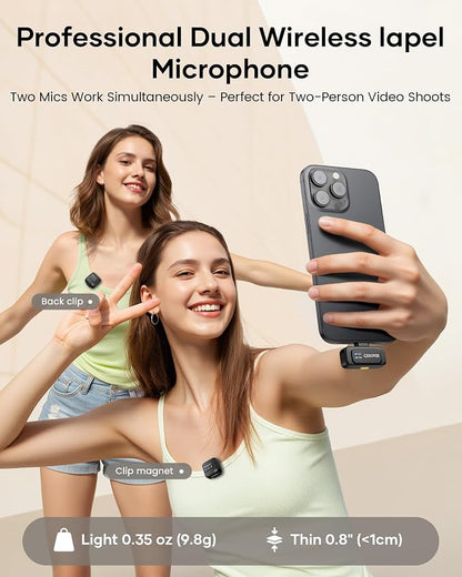 Wireless Lavalier Microphone for iPhone iPad Android with Charging Case,Lapel Mic with Noise Reduction,56H Battery Life, 164ft Range,Mini Microphone for Video Recording,YouTube,Vlog,Live Streaming