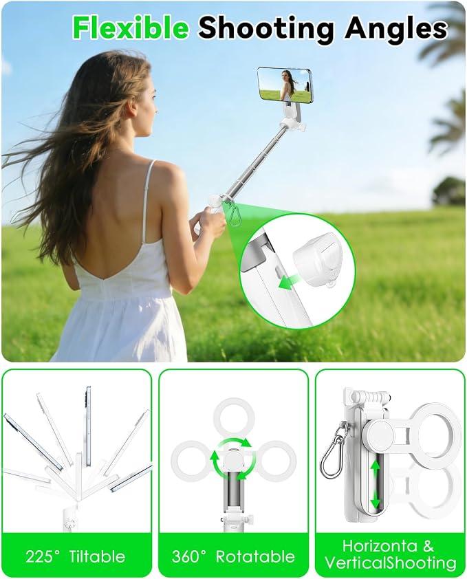 CloudValley Magnetic 4-in-1 Multifunctional Selfie Stick Tripod, Mini Portable Pocket Phone Stand with Detachable Remote, Compatible with MagSafe, for iPhone/Android, Travel Vlog, Live Stream, White