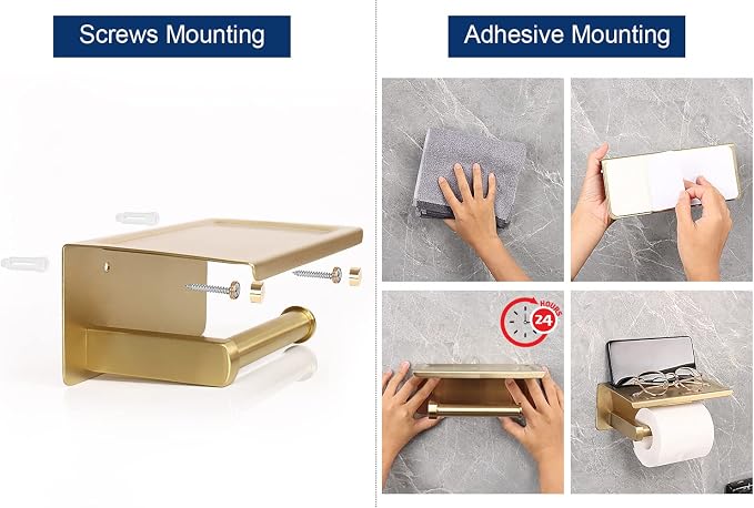 NearMoon Toilet Paper Holder with Shelf, Heavy Duty Bath Toilet Roll Holder with Phone Shelf Tissue Hanger for Bathroom/Kitchen No Drill or Wall Mounted(304 Stainless Steel, Brushed Gold)