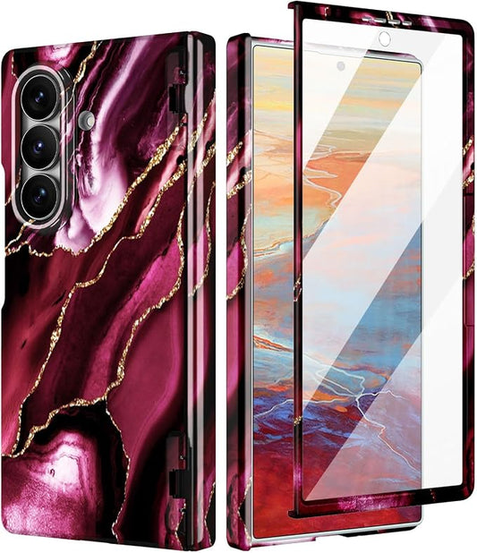 Btscase for Samsung Galaxy Z Fold 7 Case,Built in Front Screen Protector,Gold Glitter Marble Pattern Hard PC Slim Shockproof Full Body Drop Protective Case for Galaxy Z Fold 7 5G, Wine Red