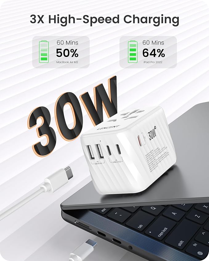 LENCENT Universal Travel Power Adapter, 30W International Wall Charger | with USB C Fast Charging, Worldwide Plug Adaptor Travel Essentials for US to EU UK Ireland Australia Type C/G/A/I White