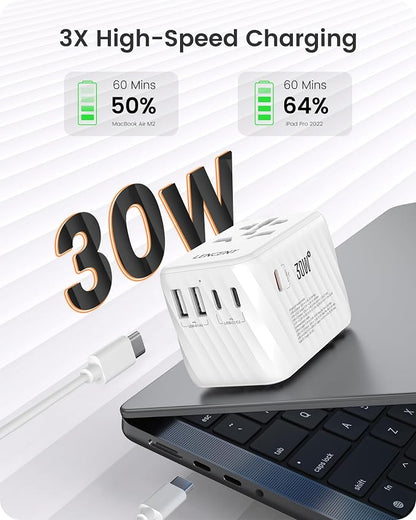 LENCENT Universal Travel Power Adapter, 30W International Wall Charger | with USB C Fast Charging, Worldwide Plug Adaptor Travel Essentials for US to EU UK Ireland Australia Type C/G/A/I White