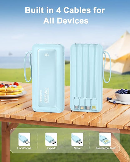 Portable Charger 10000mAh 22.5W Power Bank | Built in 4 Cables, Slim, Fast Charging, USB C LED Display, 6 Outputs & 2 Inputs, Flashlight