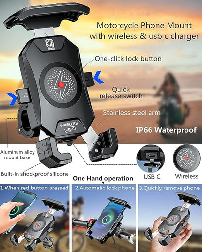 KEWIG Motorcycle Phone Mount Qi 15W Wireless & USB C 20W Fast Chargeing Port, Automatically Lock & Quick Release Handlebar Cell Phone Holder for 4-7'' Phones
