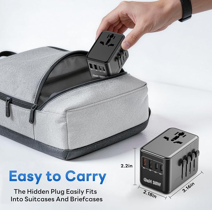 Universal Travel Adapter - 35W International Power Adapter with Fuse Auto-Resetting, USB-C PD Fast Charging Worldwide Plug Adaptor for USA to European UK AUS India, Type C/G/D/I/A, Black