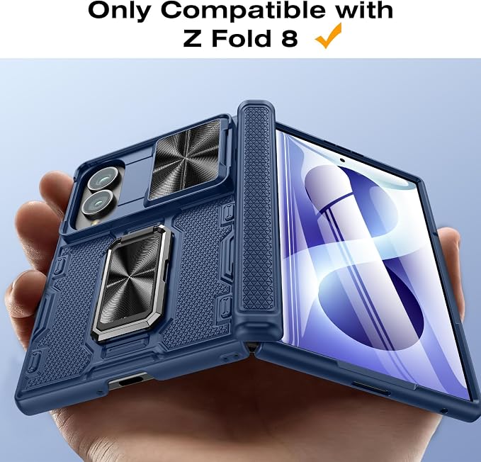 VEGO for Galaxy Fold 8 Case with Rugged Kickstand & Screen Protector, Blue | Hinge Protection[Rotating Stand][Slide Camera Cover]Hard PC Shockproof Protective Case for Samsung Z Fold 8