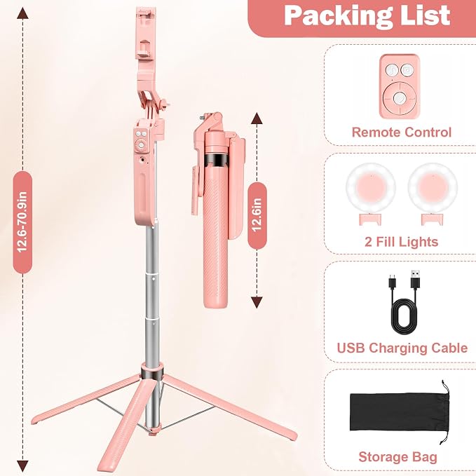 70.9" Auto Face Tracking Selfie Stick Tripod for iPhone with Light, 360° Rotation & Gesture Control, Cell Phone Tripod with Remote for TikTok/Vlog/Live Stream, Compatible with iPhone/Android