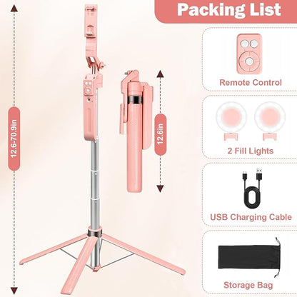 70.9" Auto Face Tracking Selfie Stick Tripod for iPhone with Light, 360° Rotation & Gesture Control, Cell Phone Tripod with Remote for TikTok/Vlog/Live Stream, Compatible with iPhone/Android