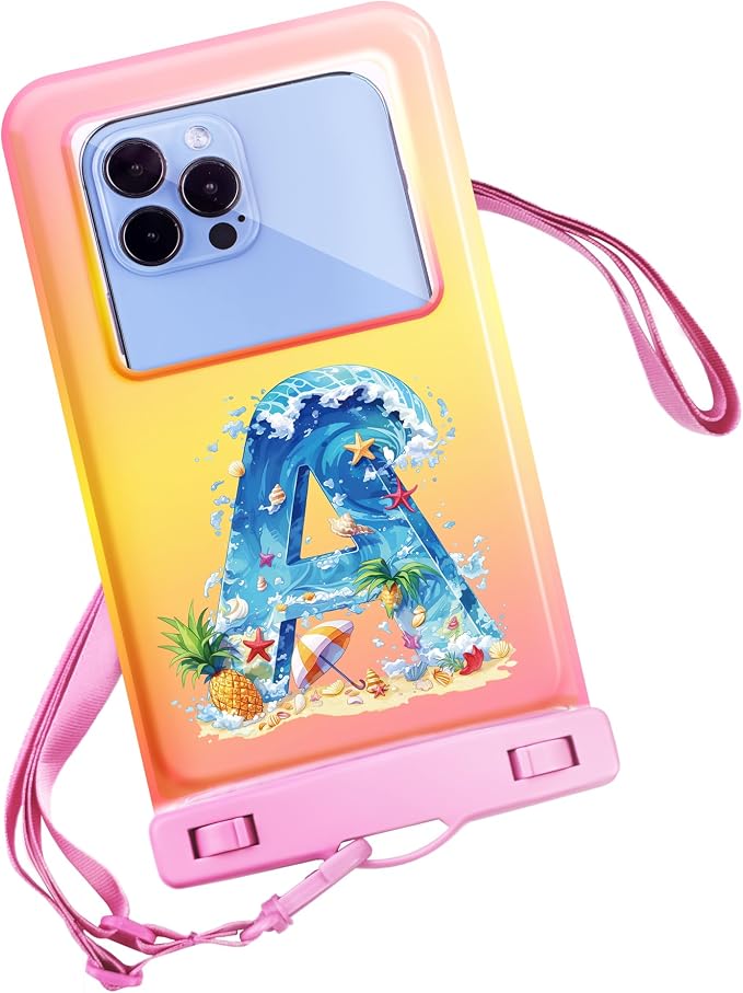 Personalized Initial Waterproof Phone Pouch Case - IPX8 Cellphone Dry Bag with Lanyard for iPhone 16/15/14/13/12 Pro Max (6.1–6.9"), Beach & Cruise Ship Essentials with Monogrammed Design (Pink, A)