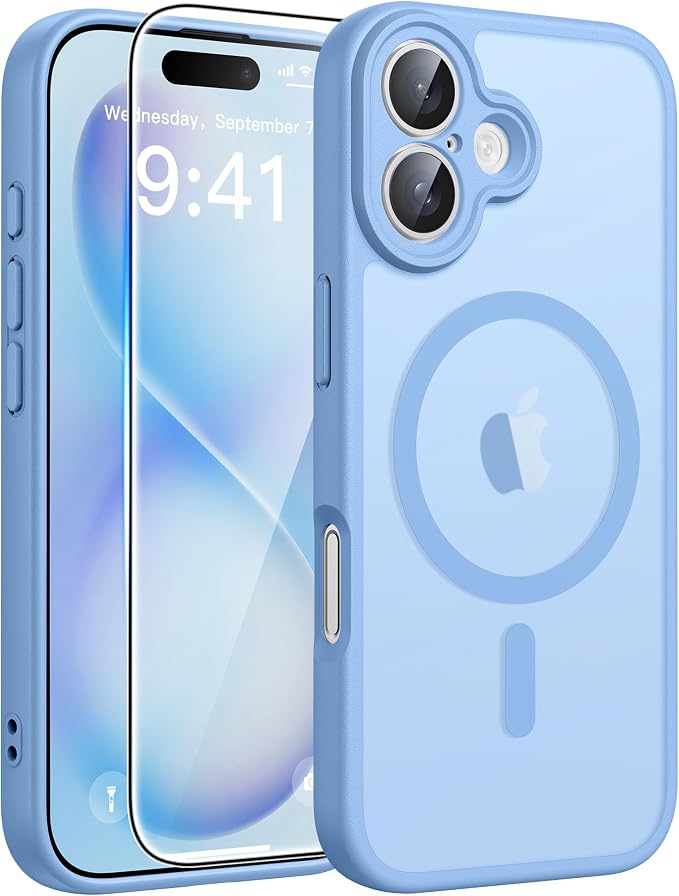 FNTCASE for iPhone 16 Plus Case [Compatible with Magsafe] Translucent Matte Cases with [Screen Protector] Military Grade Shockproof Protective Phone Cover - Light Blue