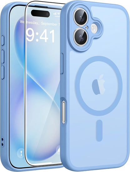 FNTCASE for iPhone 16 Plus Case [Compatible with Magsafe] Translucent Matte Cases with [Screen Protector] Military Grade Shockproof Protective Phone Cover - Light Blue