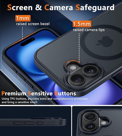 FNTCASE for iPhone 16 Plus Case [Compatible with Magsafe] Translucent Matte Cases with [Screen Protector] Military Grade Shockproof Protective Phone Cover - Black