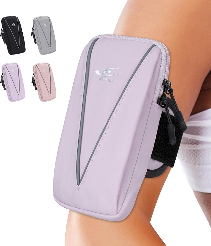 HiRui Cell Phone Holder Arm Bag & Wrist Bag for Phone, Sports Running Armband for Gym & Cycling, Compatible with iPhone 17/17Pro/Plus/16/15 Samsung Galaxy All Phones, Reflective & Adjustable (Purple)