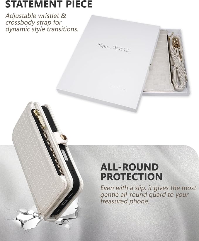 Crossbody Wallet Case for iPhone 17 Pro with Mirror, Wrist Strap, Zipper Purse Magnetic Flip, RFID Blocking Card Holder, Wireless Charging, PU Leather Shockproof 6.3" Women (White)