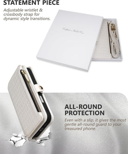Crossbody Wallet Case for iPhone 17 Pro with Mirror, Wrist Strap, Zipper Purse Magnetic Flip, RFID Blocking Card Holder, Wireless Charging, PU Leather Shockproof 6.3" Women (White)