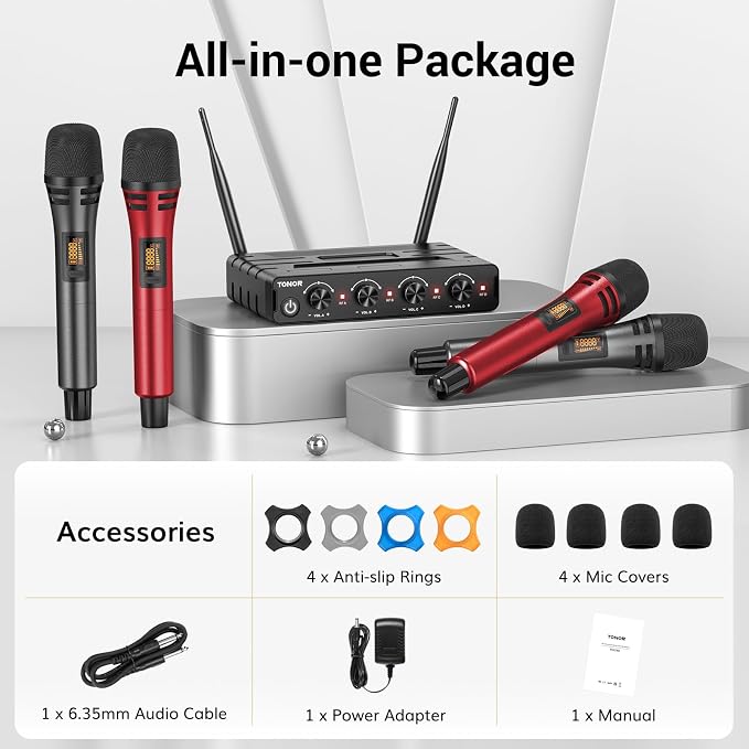 TONOR Wireless Microphones System with 4x10 Channels Cordless Handheld Microfono Inalambrico, UHF Mics with Stable Signal Transmission for Karaoke Singing Party Church Wedding 60 m/200ft Red