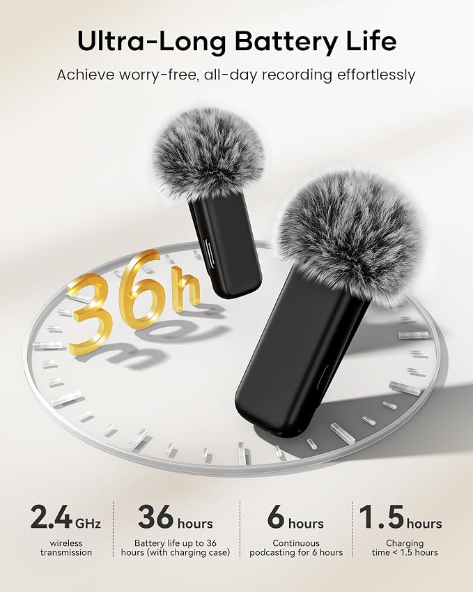 Wireless Lavalier Microphone with Charging Case, 36H Battery Life, Noise Cancellation, 135ft Range, Plug-and-Play Clip-On Mic for iPhone, iPad, Android, YouTube, Vlog, Live Streaming