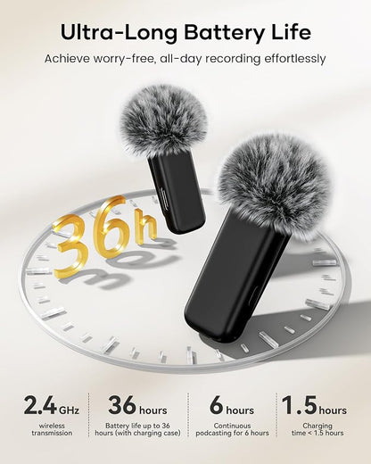 Wireless Lavalier Microphone with Charging Case, 36H Battery Life, Noise Cancellation, 135ft Range, Plug-and-Play Clip-On Mic for iPhone, iPad, Android, YouTube, Vlog, Live Streaming