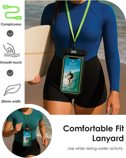 【2025 Upgraded】4 Pack Black - IP68 Waterproof Phone Pouch Floating Design No Sink Waterproof Phone Case - Beach Pool Travel Essentials - Works w/ All Phones - Detachable Lanyard - Black/Hi-Vis Green