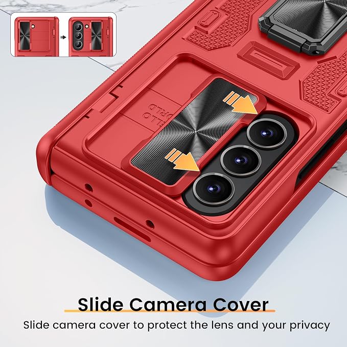 VEGO for Samsung Z Fold 5 Case with Slide Camera Cover & Screen Protector | Rugged Phone Case for Galaxy Z Fold 5 with Built-in 360° Rotating Kickstand Hinge Protection Full-Body Shockproof - Red