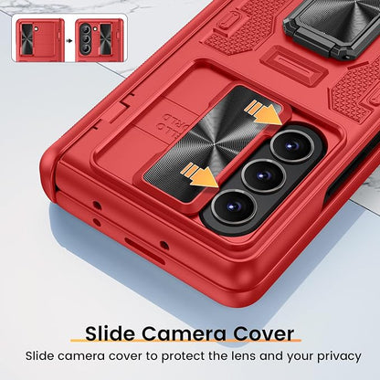 VEGO for Samsung Z Fold 5 Case with Slide Camera Cover & Screen Protector | Rugged Phone Case for Galaxy Z Fold 5 with Built-in 360° Rotating Kickstand Hinge Protection Full-Body Shockproof - Red