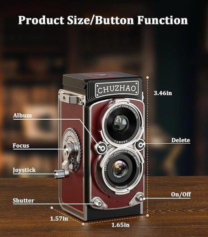 CHUZHAO Digital Camera Retro: Portable TLR Style Twin-Lens Vintage Camera, 12MP Autofocus 1080P FHD Point and Shoot Pocket Vlogging Retro Digital Cameras with16 GB Card for Beginners Boys Girls (Red)