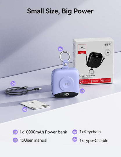 Portable Charger Power Bank, 10000mAh Fast Charging Power Bank with Built-in Cables, Travel Keychain Battery Pack with LED Display for iPhone Samsung Android iPad iWatch Charger 11/10/9/8/Ultra,Purple