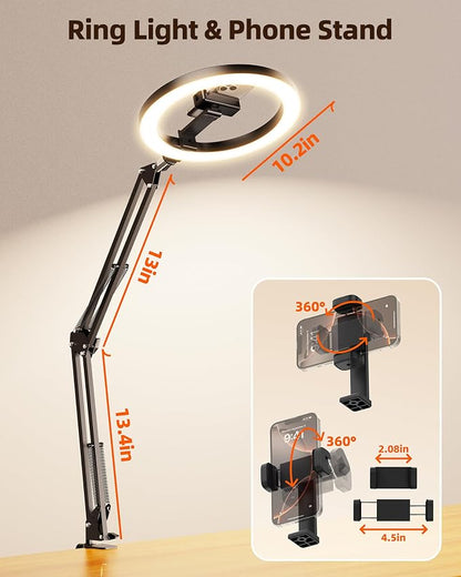 Ring Light for Desk, Overhead Phone Mount with 10" Selfie Light with Stand, Luxsure Phone Tripod with Light for Recording, Streaming, Vlogging, TikTok YouTube Creator Essentials with Bluetooth Control